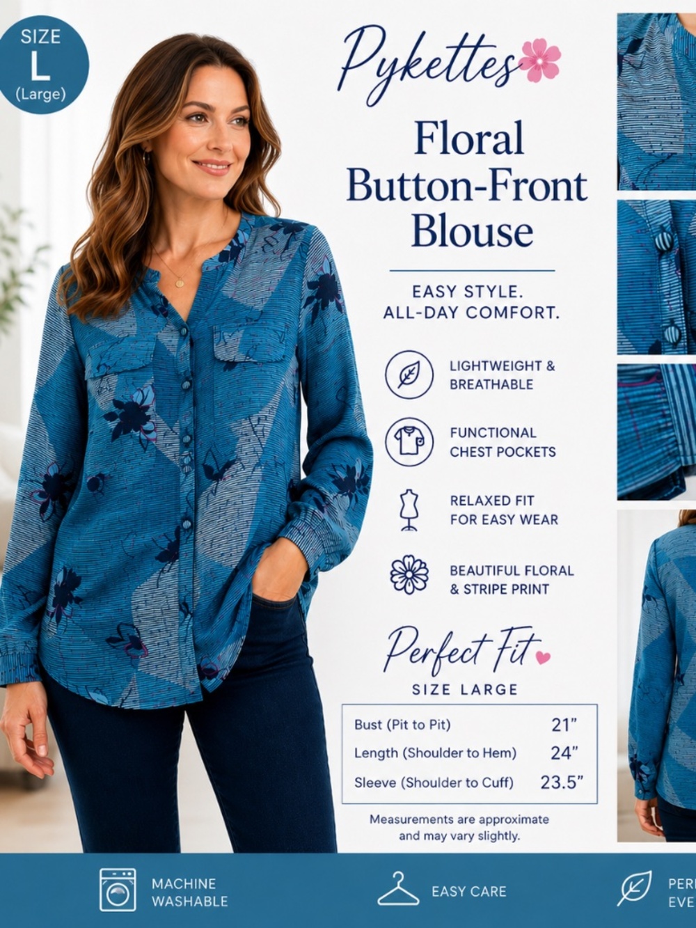 Pykettes Blue Floral Button Front Blouse Size Large Lightweight Vintage-Inspired